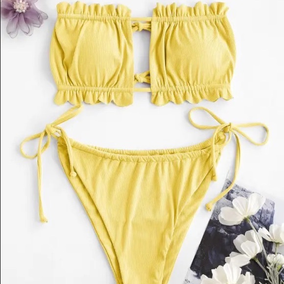 NWT Zaful Yellow Strapless Ribbed Tie Back Ruffle Bikini - Picture 1 of 8